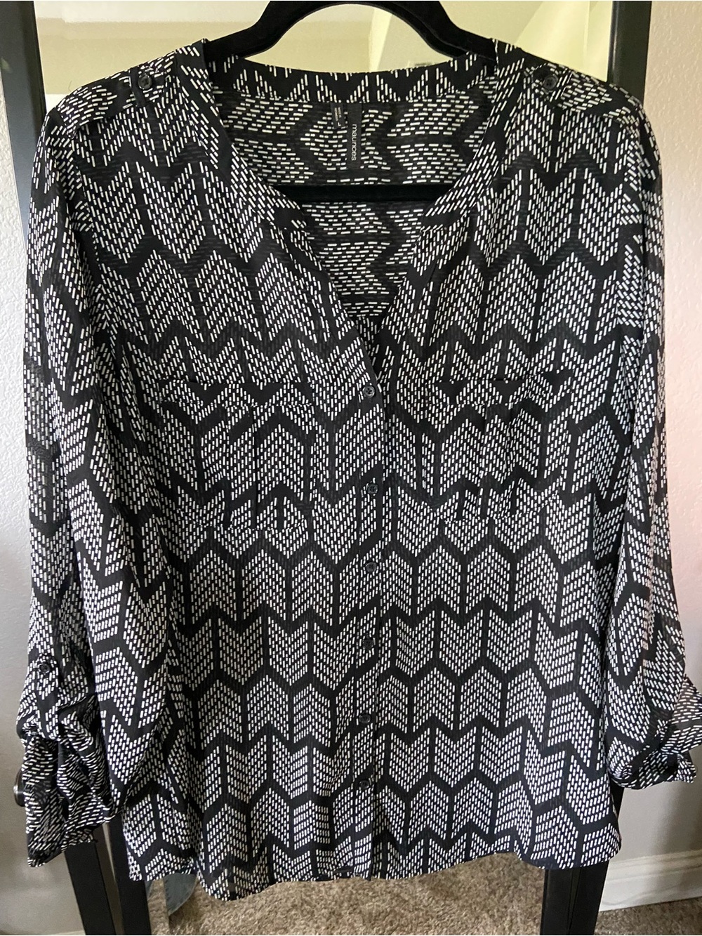Maurices Black and White Geometric V-Neck Blouse